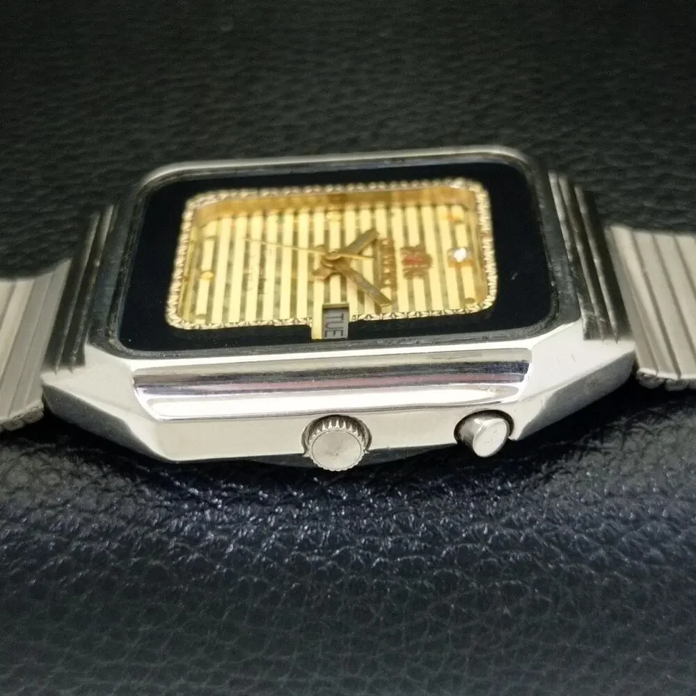 Vintage 1979 Square Orient Automatic Mens Silver Watch W/daydate & Gold accents